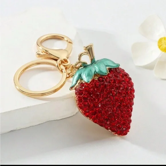 Sparkling Rhinestone Strawberry 🍓 Bag Charm Keychain with Gold Hardware NWT - Picture 4 of 8